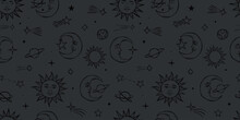 Dark Grey Celestial Background With Sun And Moon Illustrations, Hand Drawn Magical Seamless Repeat Pattern With Stars