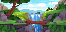 Nature Landscape Of Jungle With Rocky Mountains, Waterfalls And Cliffs. Vector Scene With Log Bridge Connecting Banks Of River. Game Scenery, Rocks And Meadow With Grass And Blooming Flowers