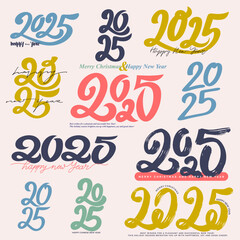 Wall Mural - Big set of Happy New Year 2025 lettering numbers. Vector with colored logos 2025. New Year holiday logos template. 2025 Happy New Year symbols. Christmas decoration elements for poster, card, banner.