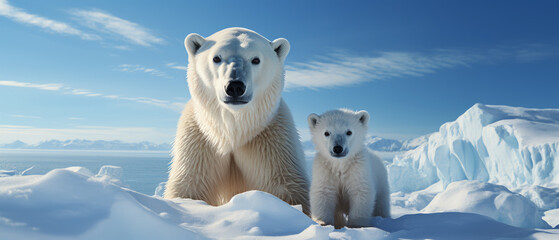 Canvas Print - Polar bear and cub on ice floes in the Arctic.