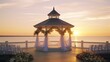 A beautiful beachfront gazebo adorned for a romantic sunset wedding ceremony.