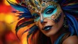 A colorful carnival mask adorning the face of a woman