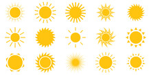 Sun Icon Set. Yellow Sun Star Icons Collection. Summer, Sunlight, Nature, Sky. Vector Illustration Isolated On White Background.