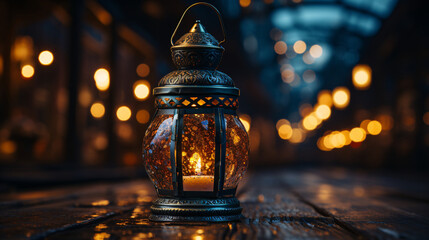 An elegant Arabic lantern illuminated by a flickering flame at night. A festive greeting card and invitation for the Muslim holy month of Ramadan Kareem.