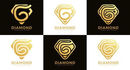 Set of diamond logos with initial letter G. These logos combine letters and rounded diamond shapes using gold gradation colors. Suitable for diamond shops, e-commerce