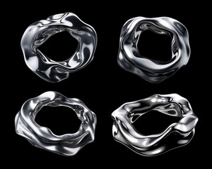 Wall Mural - melty chrome wavy circle shapes isolated. y2k futuristic distorted liquid metal silver
