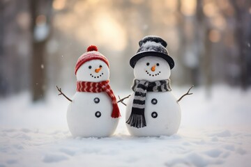 Wall Mural - Snowman couple in snow, Christmas holidays season romantic background wallpaper