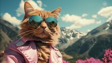 Dapper Cat In Nature's Grandeur.
Debonair Cat With Reflective Sunglasses, Set Against Picturesque Mountain Scenery.