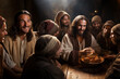 Jesus Christ and the apostles at the Last Supper, a conversation with the disciples. Christian religious illustration of the Gospel