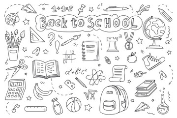hand drawn school supplies. back to school doodle large set of elements. school object collection. s