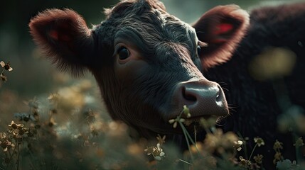 Wall Mural - Illustration of a red cow in the wild looking for grass to eat