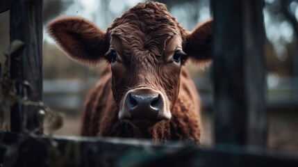 Wall Mural - Illustration of a red cow in the wild looking for grass to eat