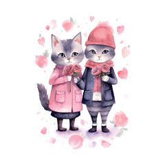 Canvas Print - a whimsical gouache adorable couple cat cute holding ring in hands clipart with gouache illustration