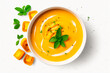 Top view of Roasted butternut squash soup healthy food isolated. white background