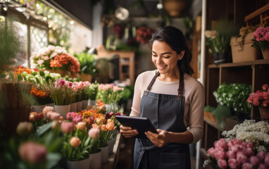 Young woman using digital tablets at his own flower shop