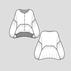 Wall Mural - Henley neck Drop Shoulder Lantern sleeve top Henley Neck full open button panel Ruffles high low dip hem gatherings detail Fashion clothing outline flat sketch technical drawing template design