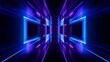 © nataliia_ptashka - Purple grids neon glow light lines design on perspective floor, 3d technology abstract neon light background. Abstract flight in retro neon hyper warp space in the tunnel.