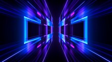 Purple Grids Neon Glow Light Lines Design On Perspective Floor, 3d Technology Abstract Neon Light Background. Abstract Flight In Retro Neon Hyper Warp Space In The Tunnel. 