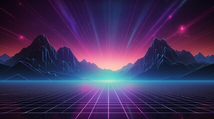 Wall Mural - 80s Retro Sci-Fi Background, Universe Retro Futuristic 80's Background. Retro wave cyber grid. Deep space surfaces. Neon lights glowing. 