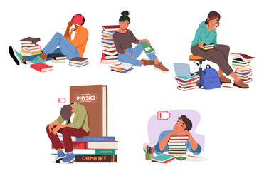 Exhausted Students Huddle Over Books, Their Weary Expressions Mirroring The Weight Of Academic Pressure, Vector Set