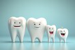 © Iftikhar alam - 3d rendering of a group of white teeth with tooth crowns, bright picture of white cute funny smiling tooth characters with faces, AI Generated
