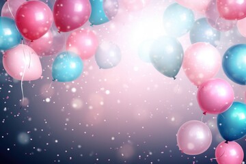 Wall Mural - Colorful balloons background with bokeh effect. Vector illustration, Celebratory background with pink and blue balloons, confetti, sparkles, lights, AI Generated