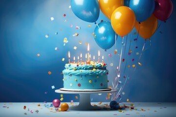 Canvas Print - Birthday cake with burning candles and balloons on blue background. 3D Rendering, A birthday cake with colorful balloons and confetti is presented on a blue background, AI Generated