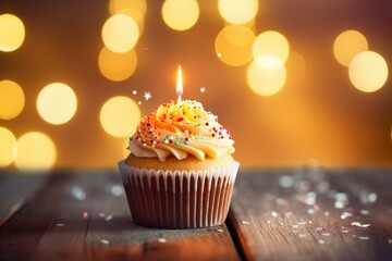 Canvas Print - Birthday cupcake with burning candle on bokeh lights background, Birthday cupcake adorned with a candle on a wooden table against a bokeh background, AI Generated