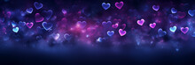 Beautiful Background Banner With Purple Hearts, Lights, Sparkles And Bokeh. Valentine's Day. Panoramic Web Header With Copy Space. Wide Screen Wallpaper