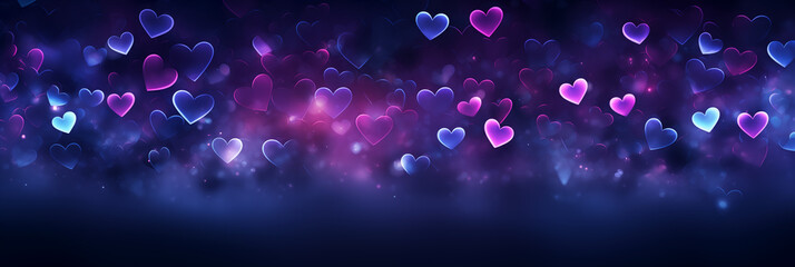 Wall Mural - Beautiful background banner with purple hearts, lights, sparkles and bokeh. Valentine's Day. Panoramic web header with copy space. Wide screen wallpaper