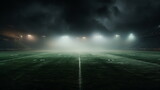 Fototapeta Sport - American football high school stadium lights from center field on green with low lying mist fog on ground with Generative AI
