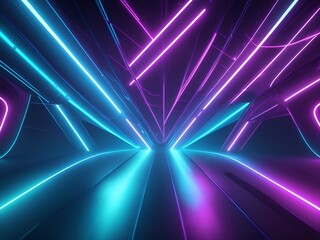 Abstract background of futuristic corridor with purple and blue neon lights