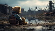 Teddy bear sitting on a pile of rubble city ruins with Generative AI