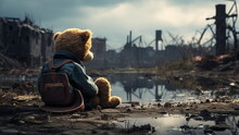 Teddy Bear Sitting On A Pile Of Rubble City Ruins With Generative AI