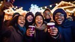 men and women drinking mulled wine and beer  celebrate winter holiday together at fun fair, happy and togetherness, Generative Ai