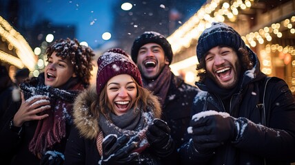 men and women celebrate winter holiday together at fun fair, happy and togetherness, Generative Ai