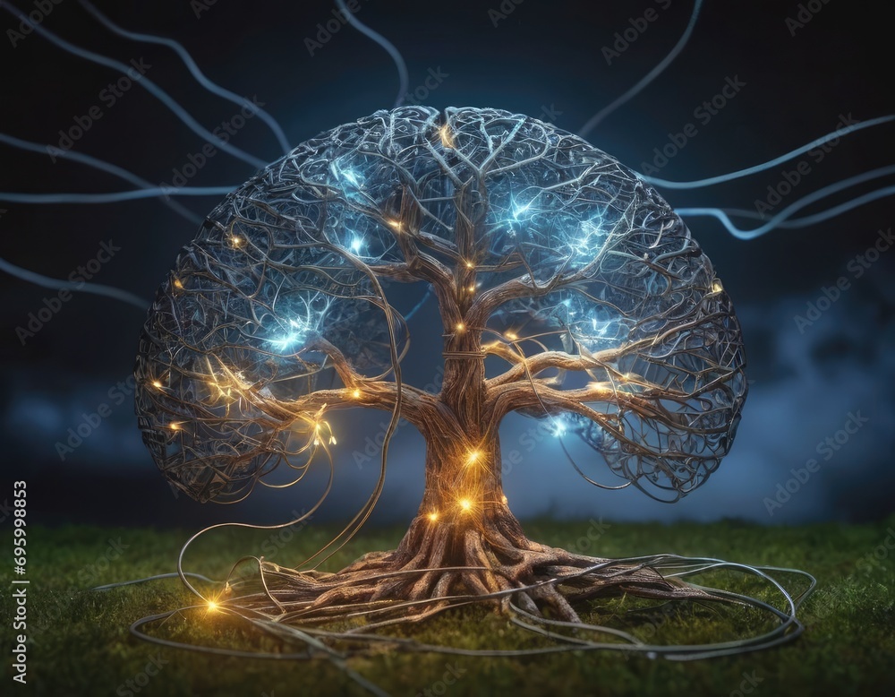 model of human brain tree with glowing impulses and electric lines ...