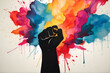 Silhouette of a fist raised against a colorful ink splash, generative AI