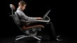 Office Worker Using Ergonomic Setup at Workstation. Professional at an ergonomic workstation, maintaining proper posture with supportive seating