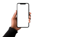 Male Hand Holding Phone Isolated On White, Mock-up Smartphone Blank Screen