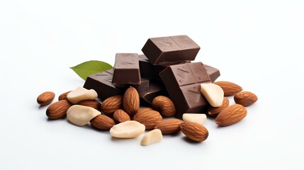 Chocolate and almonds on white background. Shallow dof.