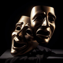 Comedy And Tragedy Masks Reflecting Joy And Sadness On Solid Black Background Rim And Atmosphere Light. Ai Generative