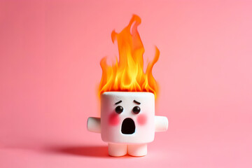 marshmallow man in fire shocked on solid pink background. ai generative