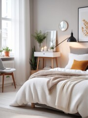  idea design apartment a cozy Scandinavian white bedroom. Bed, soft cushion, white and cream pillows, carpet under the bed, picture frame in a white room. perfect space for relaxation and comfort