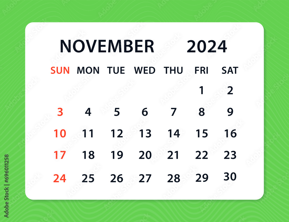 Стоковое векторное изображение «November 2024 Calendar Leaf. Monthly ...