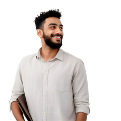 Cheerful arabian or indian young man with beard, wearing casual shirt. Isolated on transparent