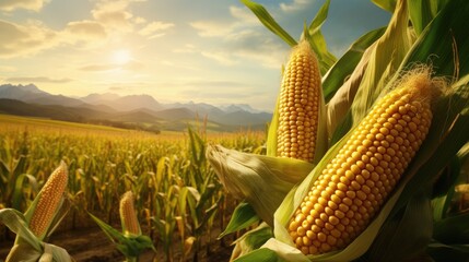 Canvas Print - corn cobs with field background. generative ai