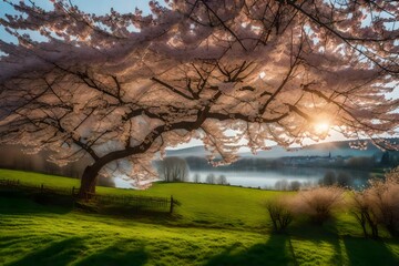 Wall Mural - blossoming cherry tree in spring at sunrise, miltenberg, spessart, franconia, bavaria, germany.