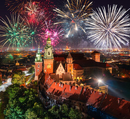 Wall Mural - New Years firework display over the Wawel castle in Krakow, Poland