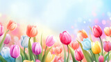 Fototapeta Tulipany - Bouquet of Colorful Watercolor Tulip Flowers Illustration Art on White Background with Copy Space